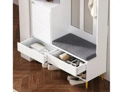 Mueble de recibidor con banco, perchero, estantes y cajones, 4 ganchos, 1 puerta, blanco, (100x35x180 cm)