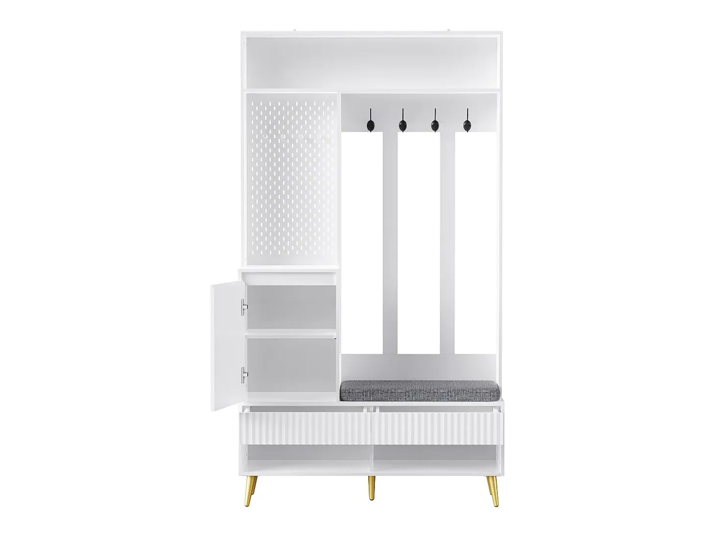 Mueble de recibidor con banco, perchero, estantes y cajones, 4 ganchos, 1 puerta, blanco, (100x35x180 cm)