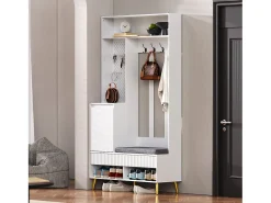 Mueble de recibidor con banco, perchero, estantes y cajones, 4 ganchos, 1 puerta, blanco, (100x35x180 cm)