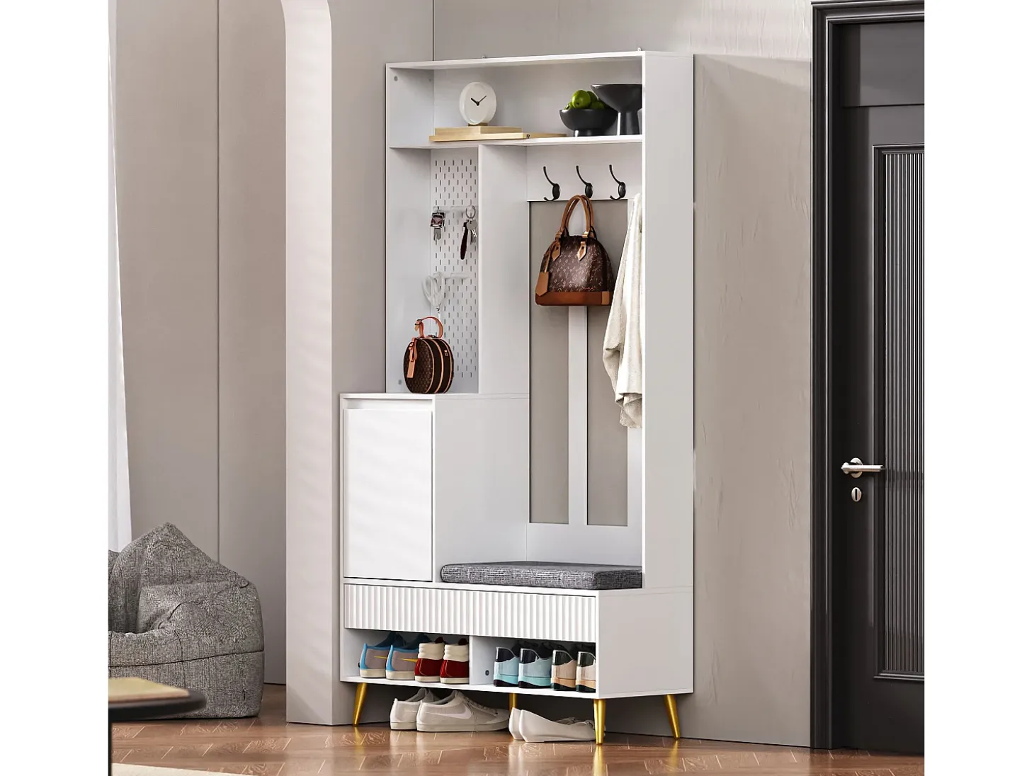 Mueble de recibidor con banco, perchero, estantes y cajones, 4 ganchos, 1 puerta, blanco, (100x35x180 cm)