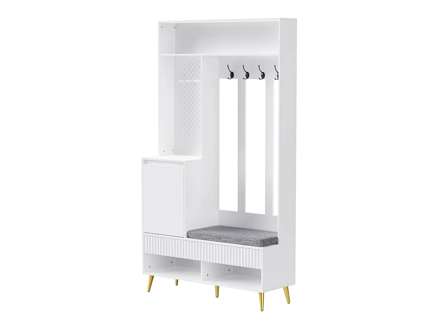 Mueble de recibidor con banco, perchero, estantes y cajones, 4 ganchos, 1 puerta, blanco, (100x35x180 cm)