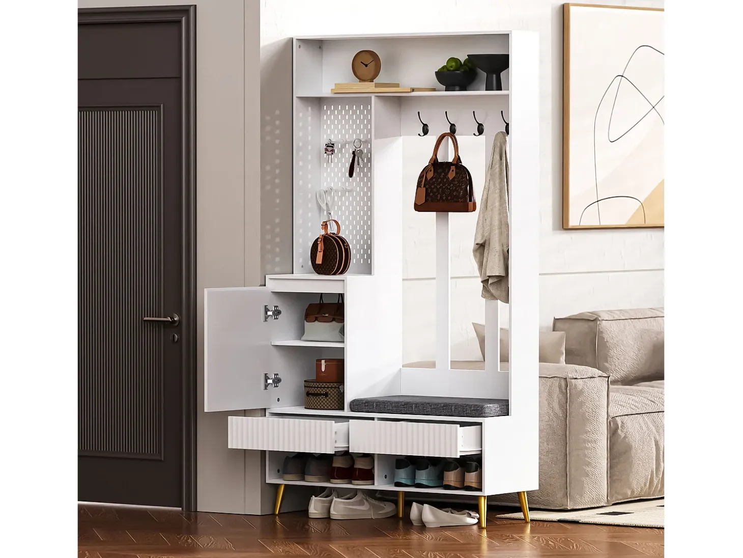 Mueble de recibidor con banco, perchero, estantes y cajones, 4 ganchos, 1 puerta, blanco, (100x35x180 cm)