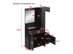 Mueble de recibidor con espejo, zapatero y banco - 110x33x185,5 cm - Negro