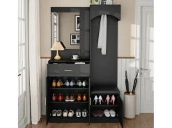 Mueble de recibidor con espejo, zapatero y banco - 110x33x185,5 cm - Negro