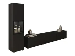 Mueble de salón con iluminación, conjunto suspendido y de pie de 2 elementos con mueble de TV de 180 cm y vitrina, cuerpo negro mate