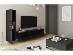 Mueble de salón con iluminación, conjunto suspendido y de pie de 2 elementos con mueble de TV de 180 cm y vitrina, cuerpo negro mate