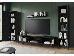 Mueble de salón con patas – conjunto de TV 180 cm, vitrina, estantería y librería, negro mate