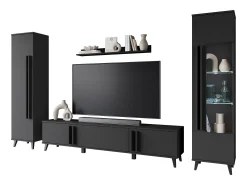 Mueble de salón con patas – conjunto de TV 180 cm, vitrina, estantería y librería, negro mate