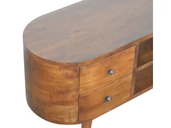 Mueble de televisión redondeado de castaño Artisan Furniture, 4 cajones, 2 estantes, marrón