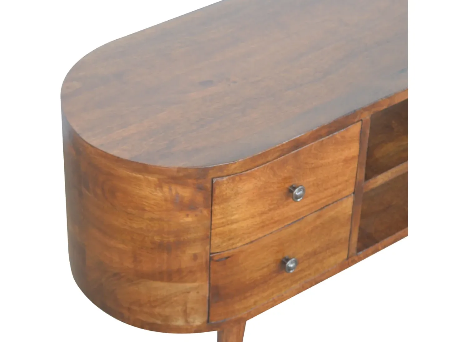 Mueble de televisión redondeado de castaño Artisan Furniture, 4 cajones, 2 estantes, marrón