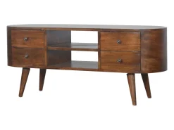 Mueble de televisión redondeado de castaño Artisan Furniture, 4 cajones, 2 estantes, marrón