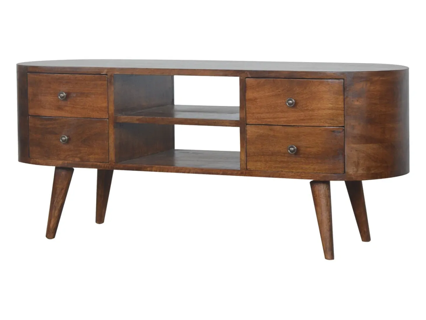 Mueble de televisión redondeado de castaño Artisan Furniture, 4 cajones, 2 estantes, marrón