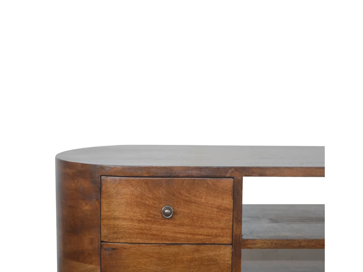 Mueble de televisión redondeado de castaño Artisan Furniture, 4 cajones, 2 estantes, marrón