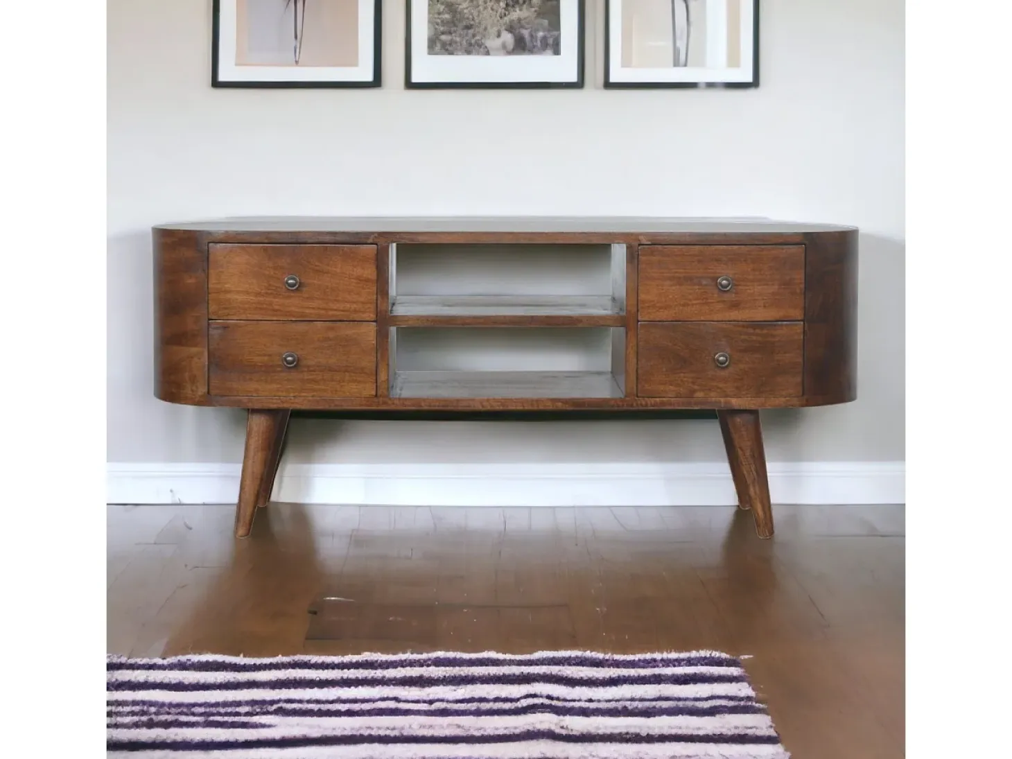 Mueble de televisión redondeado de castaño Artisan Furniture, 4 cajones, 2 estantes, marrón