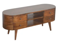 Mueble de televisión redondeado de castaño Artisan Furniture, 4 cajones, 2 estantes, marrón