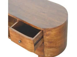 Mueble de televisión redondeado de castaño Artisan Furniture, 4 cajones, 2 estantes, marrón