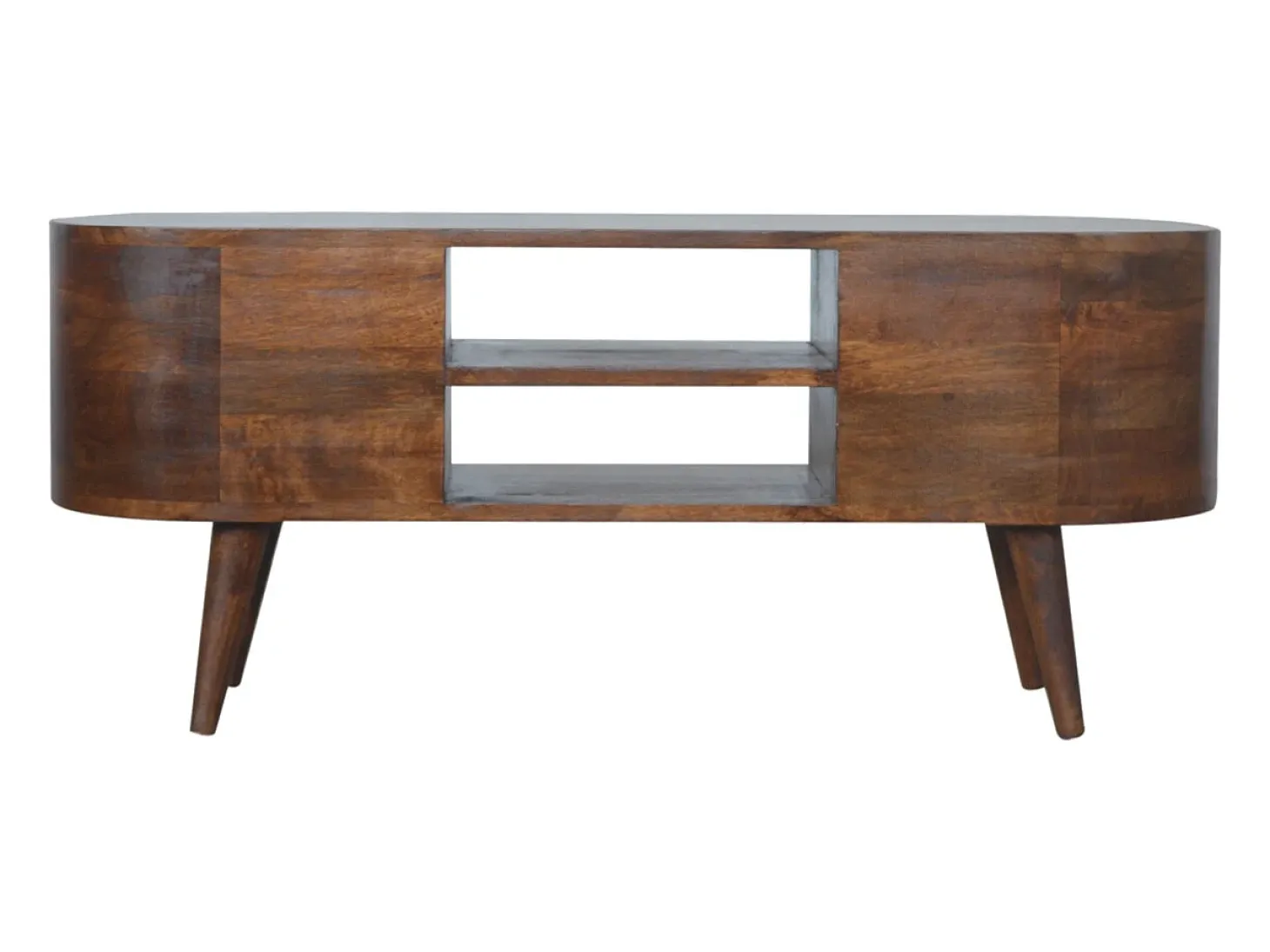 Mueble de televisión redondeado de castaño Artisan Furniture, 4 cajones, 2 estantes, marrón