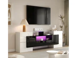 Mueble de TV - 200 x 35 x 60 cm - con LED + superficie de cristal - aglomerado - blanco