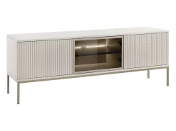 Mueble de TV 3 puertas con LEDs en MDF y vidrio ahumado - Beige y negro - OVILA