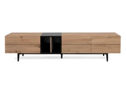 Mueble de TV 3 puertas y 2 baldas 195cm - Acabado madera clara y negro