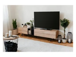 Mueble de TV 3 puertas y 2 baldas 195cm - Acabado madera clara y negro