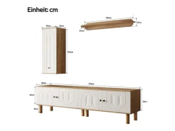Mueble de TV, almacenaje y estantes de pared para salón, con 5 puertas, blanco y natural