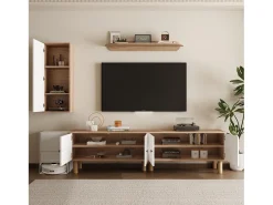 Mueble de TV, almacenaje y estantes de pared para salón, con 5 puertas, blanco y natural