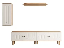 Mueble de TV, almacenaje y estantes de pared para salón, con 5 puertas, blanco y natural