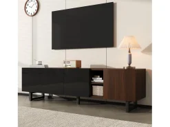 Mueble de TV bajo con 4 puertas - 180 x 38 x 50 cm - diseño exclusivo - aspecto de madera envejecida - MDF - acabado negro y natural