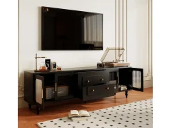 Mueble de TV bajo estilo retro con 6 compartimentos de almacenaje, patas de madera maciza, color negro