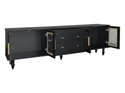 Mueble de TV bajo estilo retro con 6 compartimentos de almacenaje, patas de madera maciza, color negro