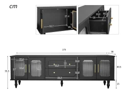 Mueble de TV bajo estilo retro con 6 compartimentos de almacenaje, patas de madera maciza, color negro