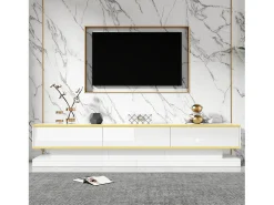 Mueble de TV bajo moderno con 3 cajones y compartimentos abiertos – Superficie brillante – Bordes dorados