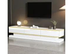 Mueble de TV bajo moderno con 3 cajones y compartimentos abiertos – Superficie brillante – Bordes dorados