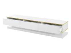 Mueble de TV bajo moderno con 3 cajones y compartimentos abiertos – Superficie brillante – Bordes dorados