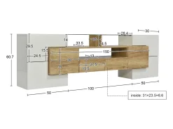 Mueble de TV blanco brillante de 200 x 30 x 60,7 cm, dos cajones, 6 puertas, iluminación LED, para salón.