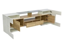 Mueble de TV blanco brillante de 200 x 30 x 60,7 cm, dos cajones, 6 puertas, iluminación LED, para salón.