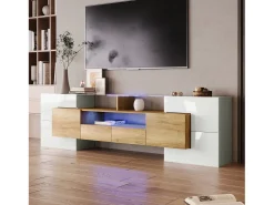 Mueble de TV blanco brillante de 200 x 30 x 60,7 cm, dos cajones, 6 puertas, iluminación LED, para salón.