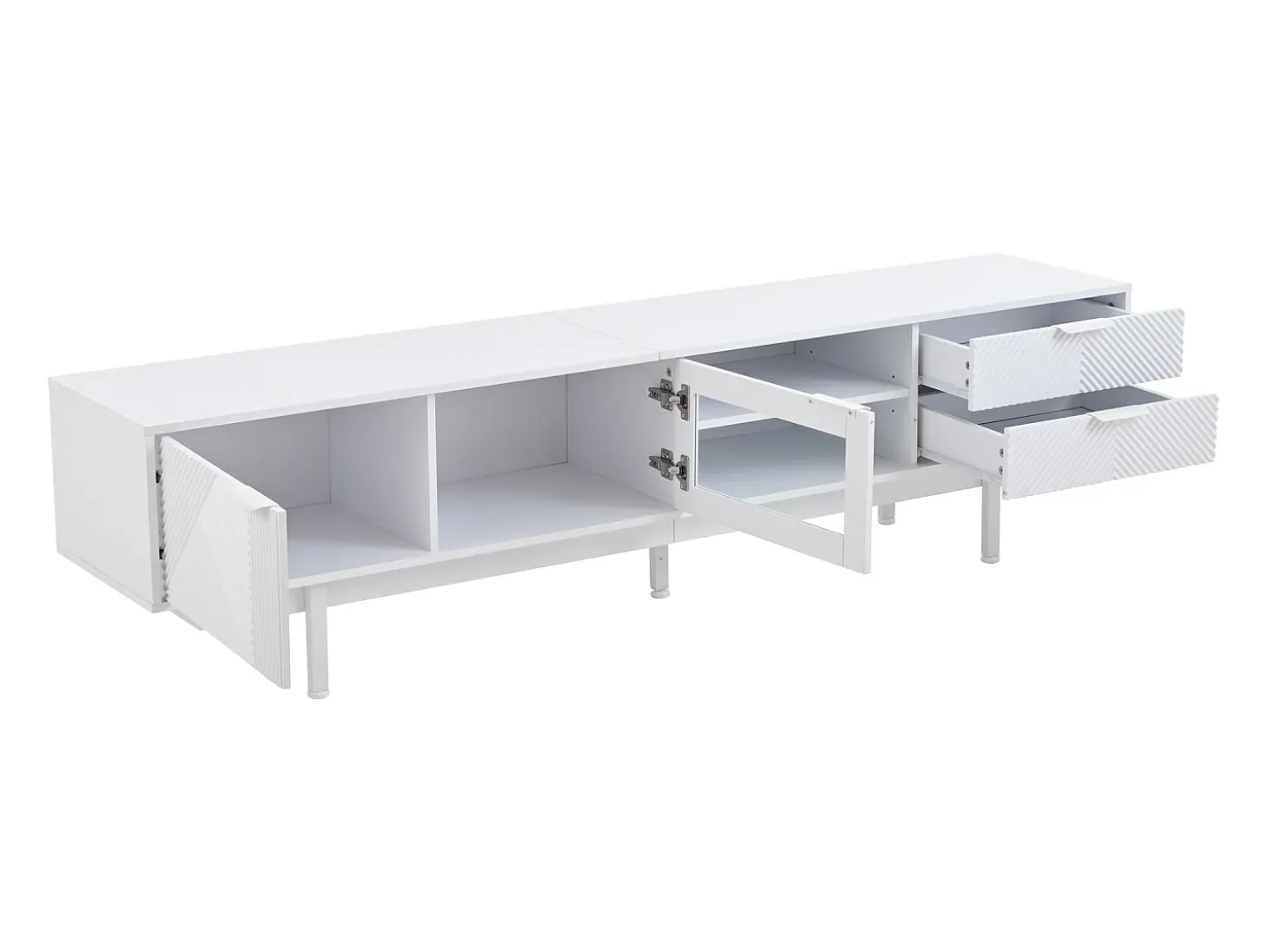 Mueble de TV blanco con 2 puertas y 2 cajones, estantes abiertos - Para salón y oficina