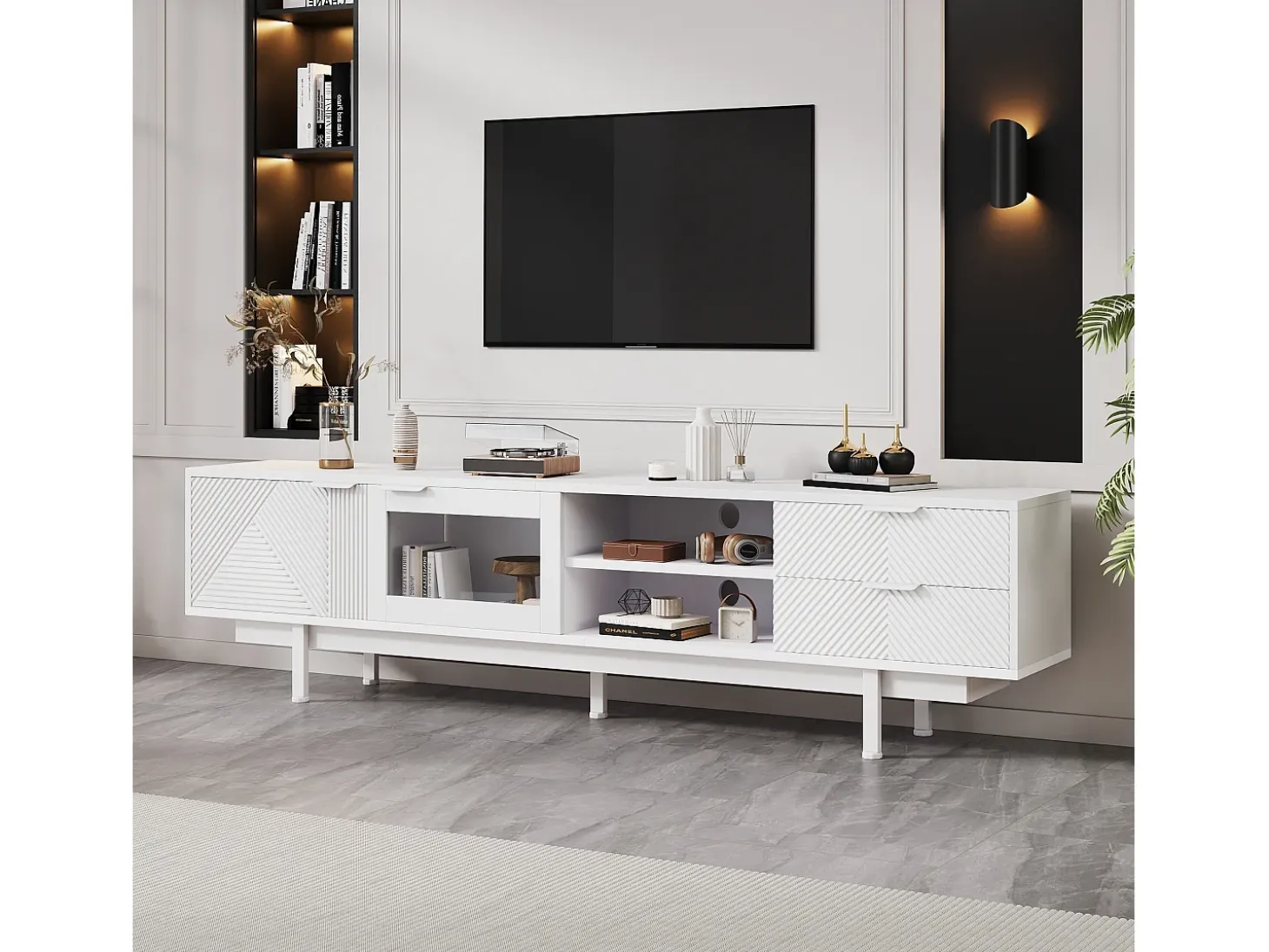 Mueble de TV blanco con 2 puertas y 2 cajones, estantes abiertos - Para salón y oficina