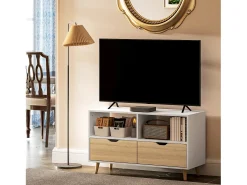 Mueble de TV blanco de 99 cm con cajón y 2 estantes, mueble de TV moderno para salón