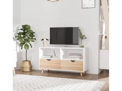 Mueble de TV blanco de 99 cm con cajón y 2 estantes, mueble de TV moderno para salón