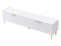 Mueble de TV blanco, mueble de TV moderno con 4 puertas texturizadas, tiradores y patas doradas - para salón y oficina