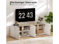 Mueble de TV blanco para televisores de hasta 65", puertas con cierre suave, estantes regulables, 135 x 38 x 45 cm, salón