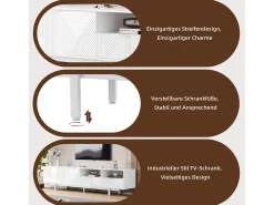 Mueble de TV bohemio con 2 puertas y 2 cajones - 200 x 40 x 51 cm - Tablero de partículas - Para comedor - Blanco