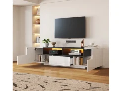 Mueble de TV brillante - 180 x 40 x 48 cm - con LED + 1 cajón + 2 puertas - aglomerado - blanco