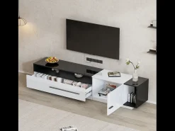 Mueble de TV brillante con 1 puerta y 1 cajón - 170 x 38 x 42 cm - Tablero de partículas - Blanco y negro