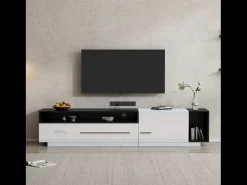 Mueble de TV brillante con 1 puerta y 1 cajón - 170 x 38 x 42 cm - Tablero de partículas - Blanco y negro