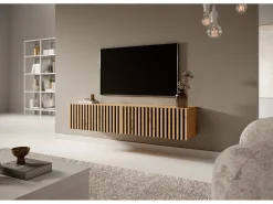 Mueble de TV colgante - roble artesano con frente de listones e inserciones negras - 140 cm