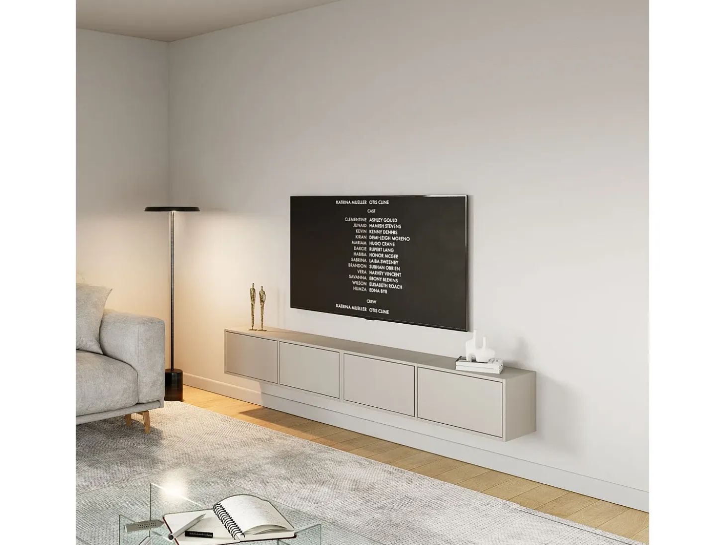 Mueble de TV colgante con 4 puertas abatibles – 200 cm – gris cachemira – FRAMME